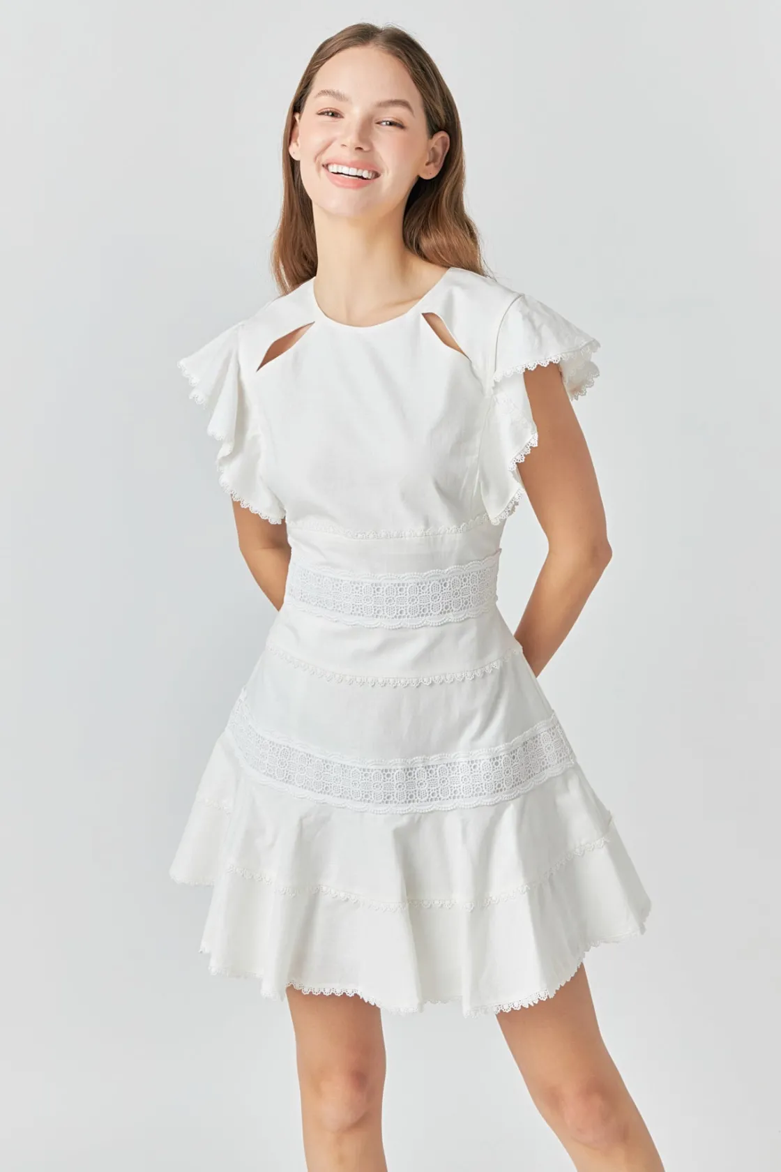 endless_rose__lace_trimme_3.webp ENDLESS ROSE Lace Dresses | White Dresses*- Lace Trimmed Ruffle Sleeve Dress with Cutout WHITE