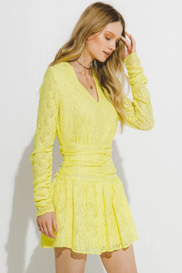 ENDLESS ROSE Lace Dresses | Tops*- Lace V-Neckline Mini Dress YELLOW