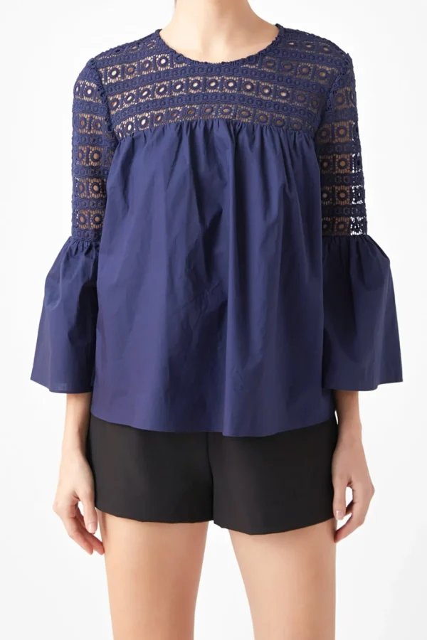ENDLESS ROSE Shirts & Blouses | Tops*- Lace with Poplin Bell Sleeve Blouse
