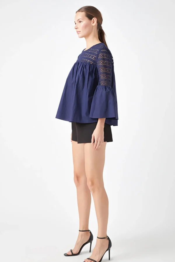 ENDLESS ROSE Shirts & Blouses | Tops*- Lace with Poplin Bell Sleeve Blouse
