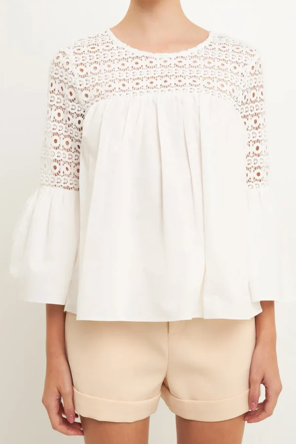 ENDLESS ROSE Shirts & Blouses | Tops*- Lace with Poplin Bell Sleeve Blouse