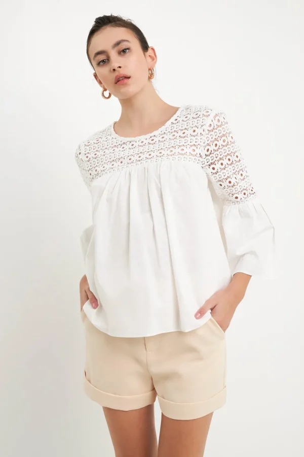 ENDLESS ROSE Shirts & Blouses | Tops*- Lace with Poplin Bell Sleeve Blouse