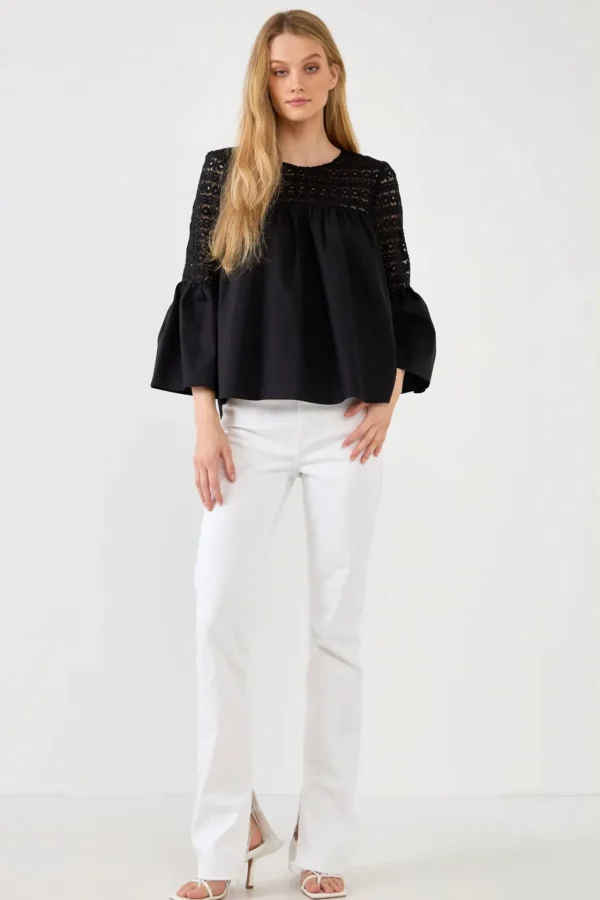ENDLESS ROSE Shirts & Blouses | Tops*- Lace with Poplin Bell Sleeve Blouse