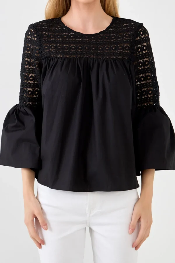 ENDLESS ROSE Shirts & Blouses | Tops*- Lace with Poplin Bell Sleeve Blouse