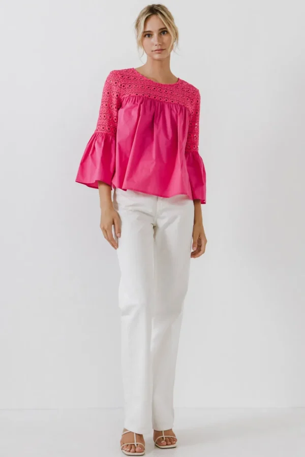 ENDLESS ROSE Shirts & Blouses | Tops*- Lace with Poplin Bell Sleeve Blouse