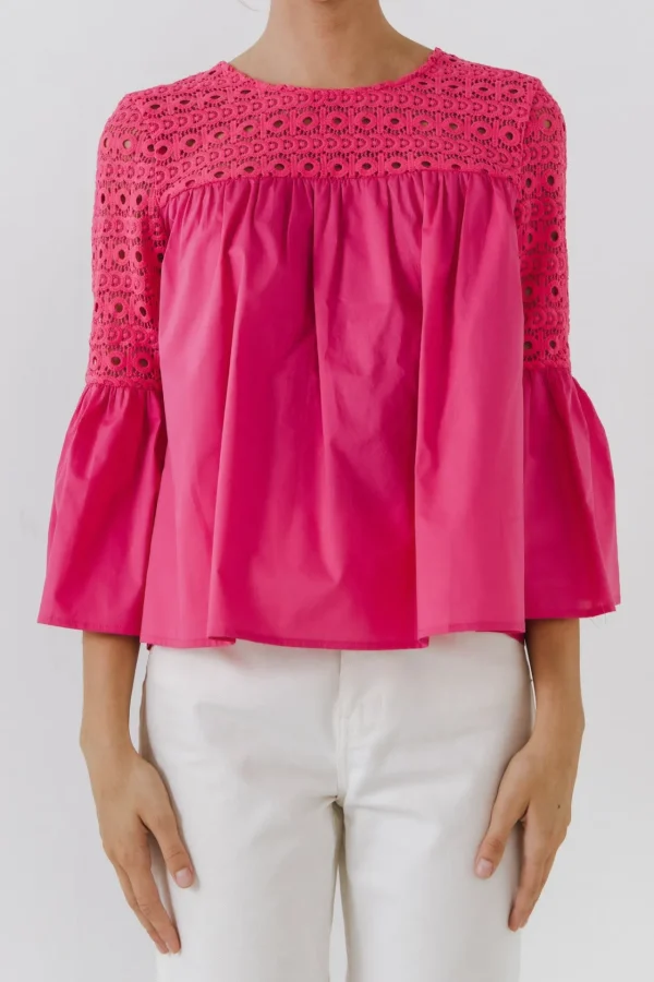 ENDLESS ROSE Shirts & Blouses | Tops*- Lace with Poplin Bell Sleeve Blouse