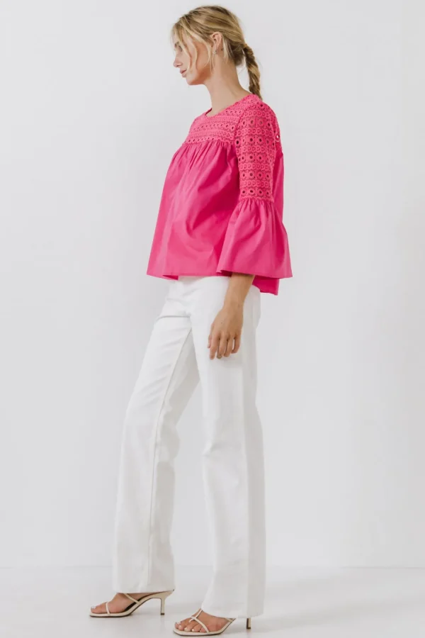 ENDLESS ROSE Shirts & Blouses | Tops*- Lace with Poplin Bell Sleeve Blouse