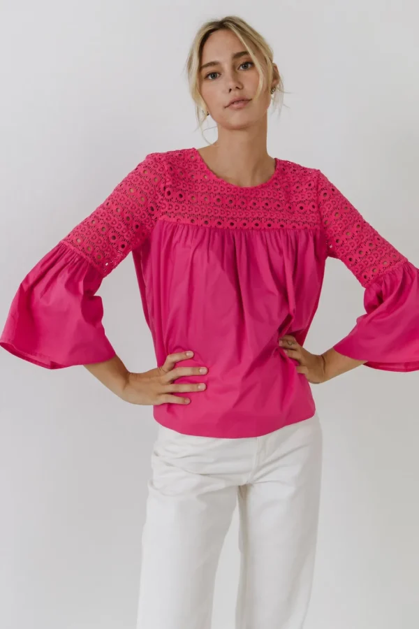 ENDLESS ROSE Shirts & Blouses | Tops*- Lace with Poplin Bell Sleeve Blouse