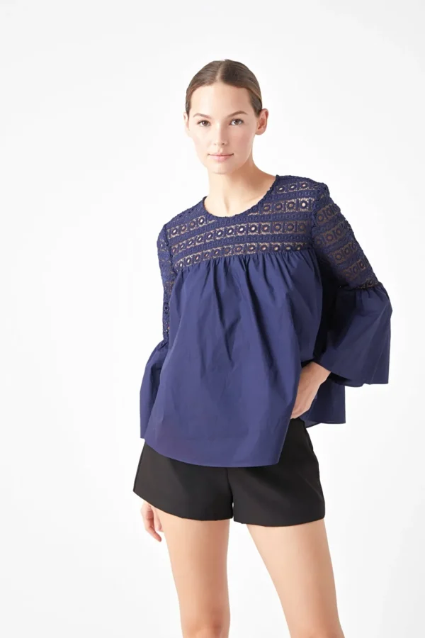 ENDLESS ROSE Shirts & Blouses | Tops*- Lace with Poplin Bell Sleeve Blouse
