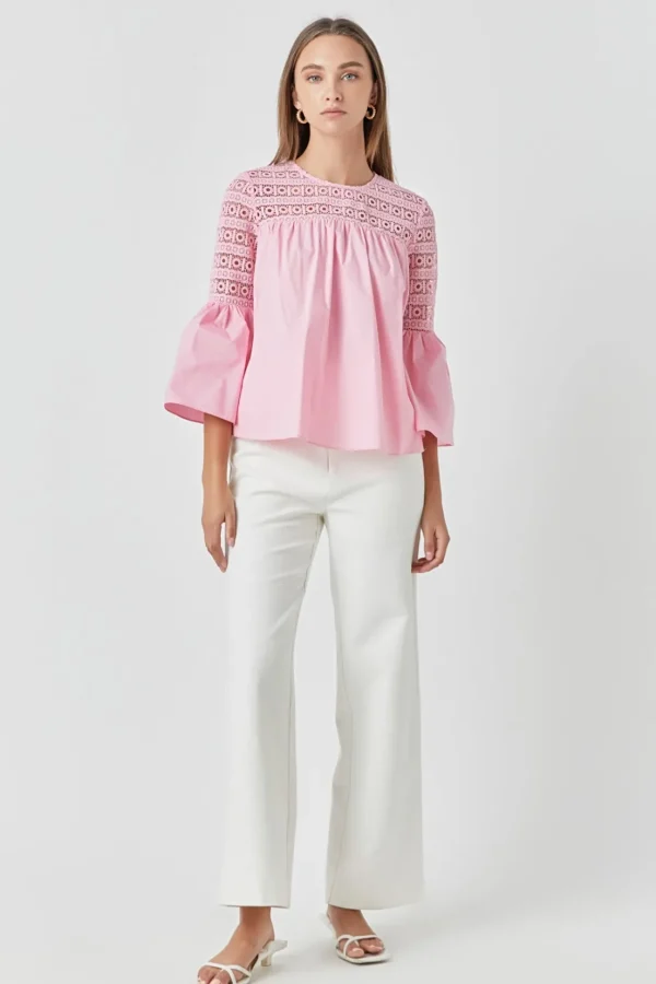 ENDLESS ROSE Shirts & Blouses | Tops*- Lace with Poplin Bell Sleeve Blouse