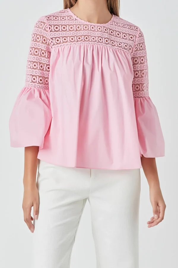 ENDLESS ROSE Shirts & Blouses | Tops*- Lace with Poplin Bell Sleeve Blouse