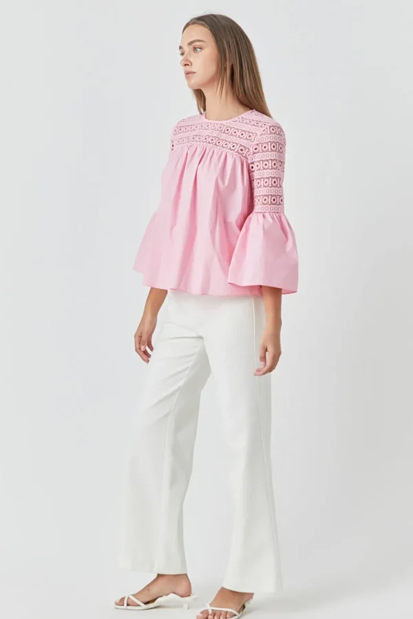 ENDLESS ROSE Shirts & Blouses | Tops*- Lace with Poplin Bell Sleeve Blouse