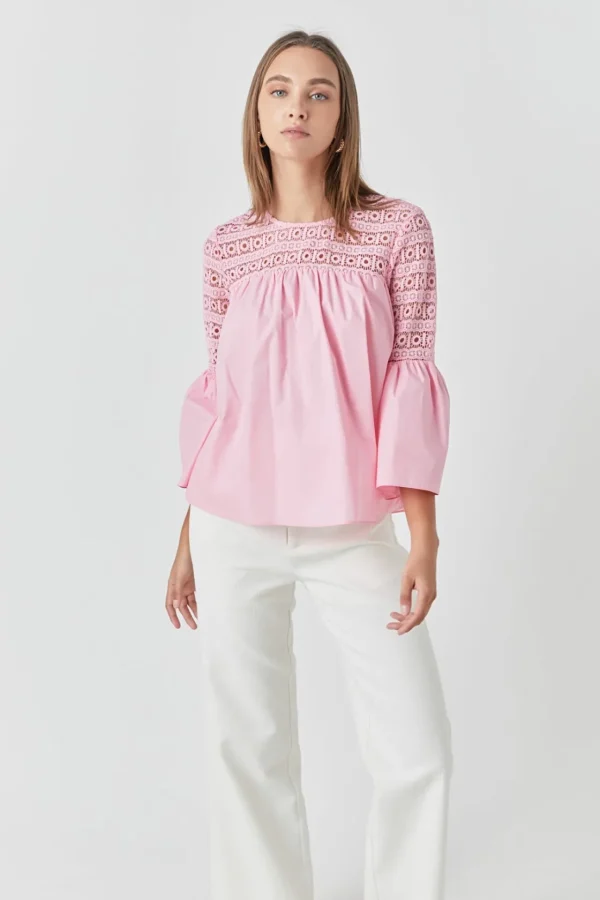 ENDLESS ROSE Shirts & Blouses | Tops*- Lace with Poplin Bell Sleeve Blouse