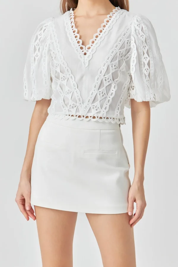 ENDLESS ROSE Tops*- Laced V-Neck Puff Sleeve Top WHITE