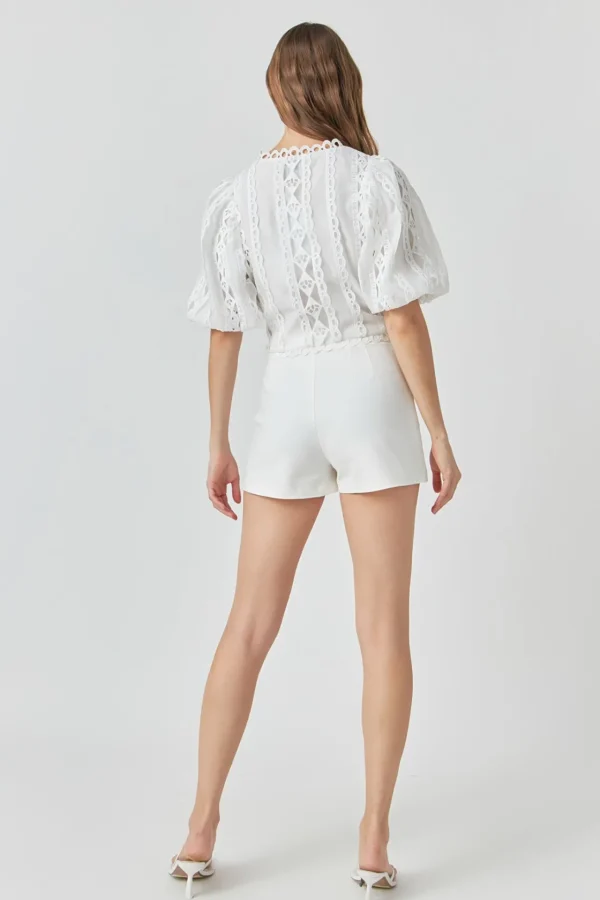ENDLESS ROSE Tops*- Laced V-Neck Puff Sleeve Top WHITE