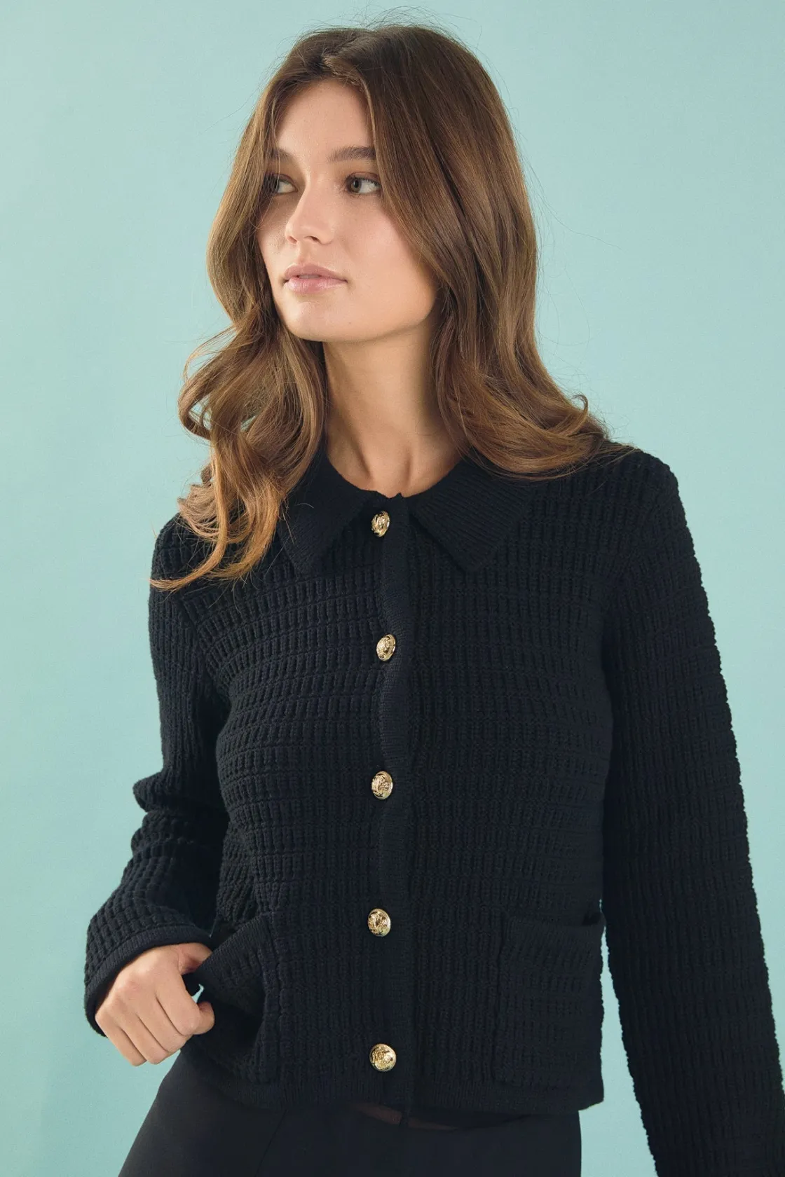 endless_rose__lanie_knit__3.webp ENDLESS ROSE Sweaters & Knits | Tops*- Lanie Knit Sweater Collared Jacket BLACK