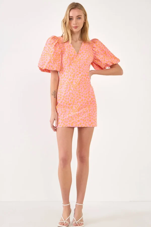 ENDLESS ROSE Tops*- Leopard Printed Mini Dress with Puff Sleeves PINK/ORANGE