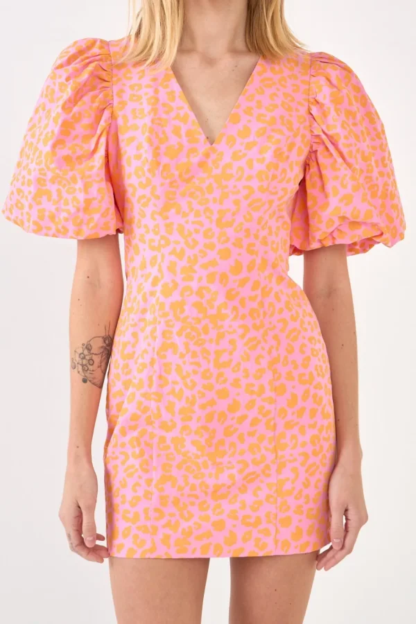 ENDLESS ROSE Tops*- Leopard Printed Mini Dress with Puff Sleeves PINK/ORANGE