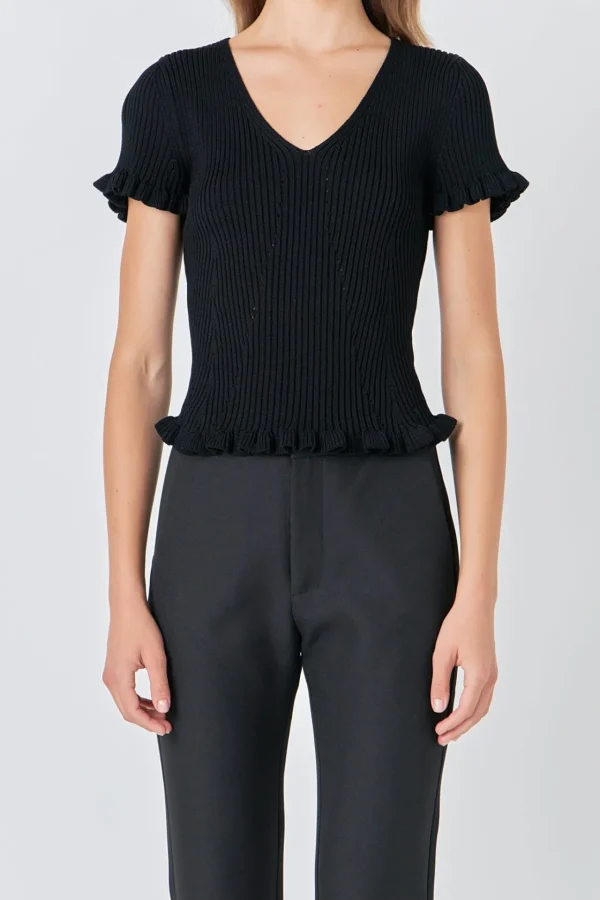 ENDLESS ROSE Tops*- Lettuce Edge Knit Top BLACK