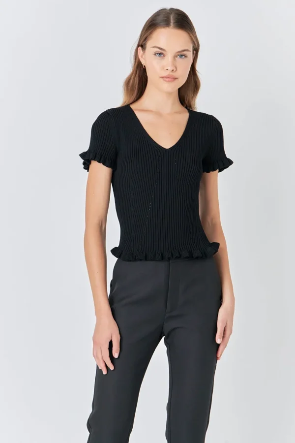 ENDLESS ROSE Tops*- Lettuce Edge Knit Top BLACK