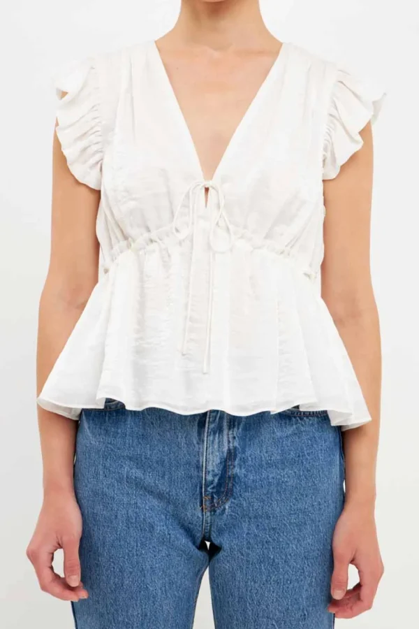 ENDLESS ROSE Tops*- Light Sheen Woven Front Tie Top CREAM