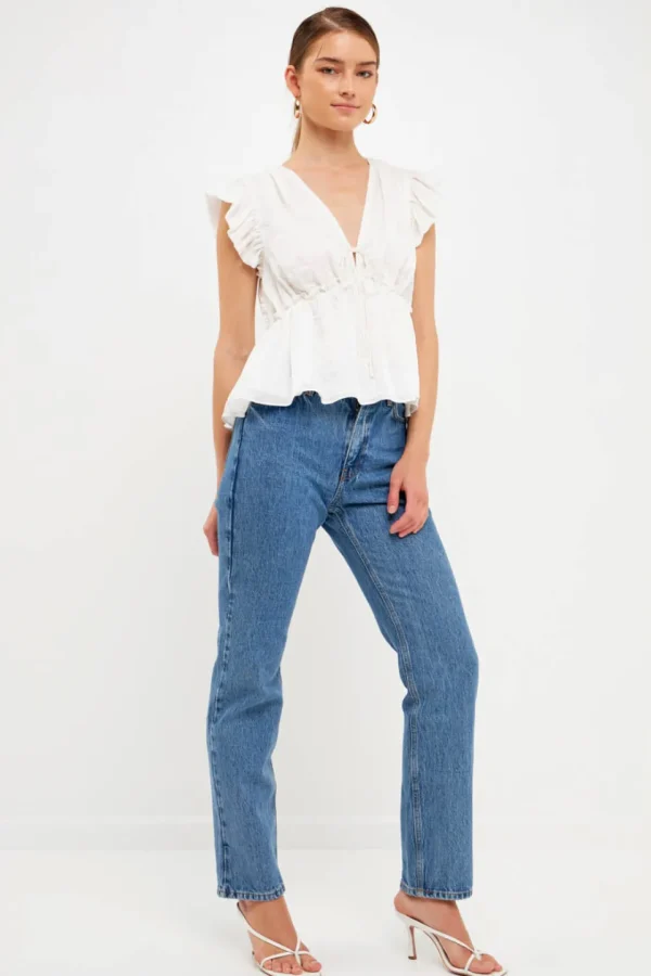 ENDLESS ROSE Tops*- Light Sheen Woven Front Tie Top CREAM
