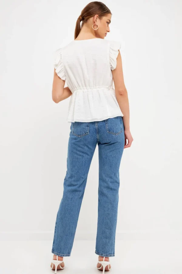 ENDLESS ROSE Tops*- Light Sheen Woven Front Tie Top CREAM