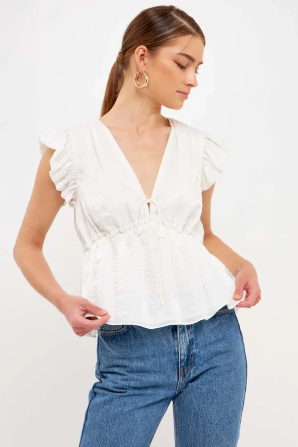 ENDLESS ROSE Tops*- Light Sheen Woven Front Tie Top CREAM