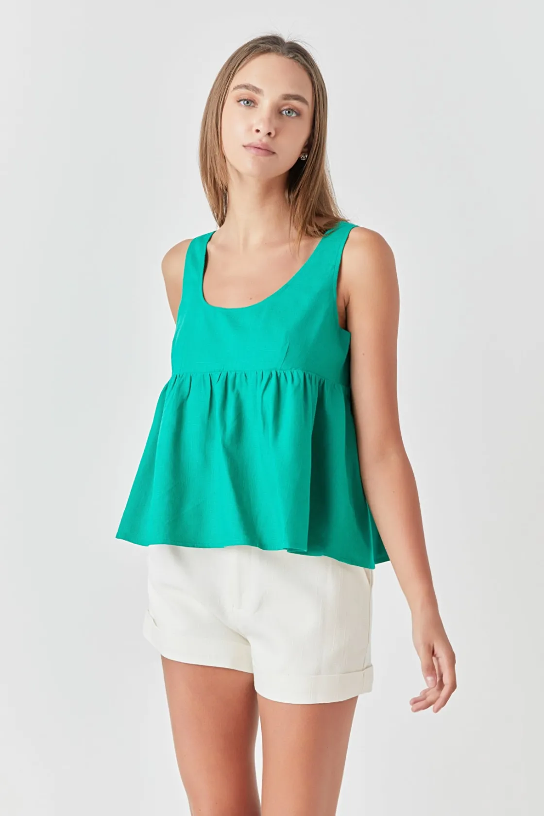 endless_rose__linen_blend_3.webp ENDLESS ROSE Tops*- Linen Blend Apron Baby Doll Top GREEN