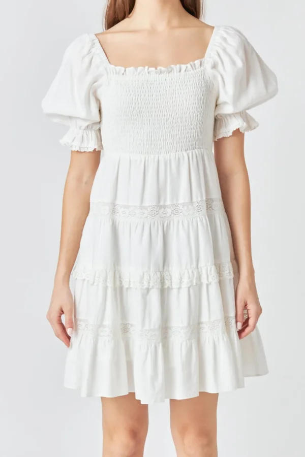 ENDLESS ROSE Lace Dresses | Tops*- Linen Smocked Mini Dress with Lace WHITE