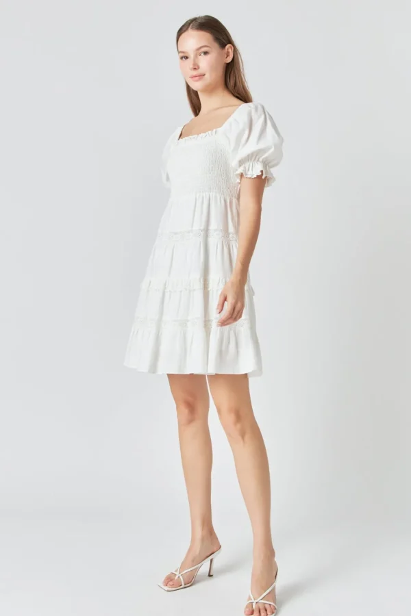 ENDLESS ROSE Lace Dresses | Tops*- Linen Smocked Mini Dress with Lace WHITE