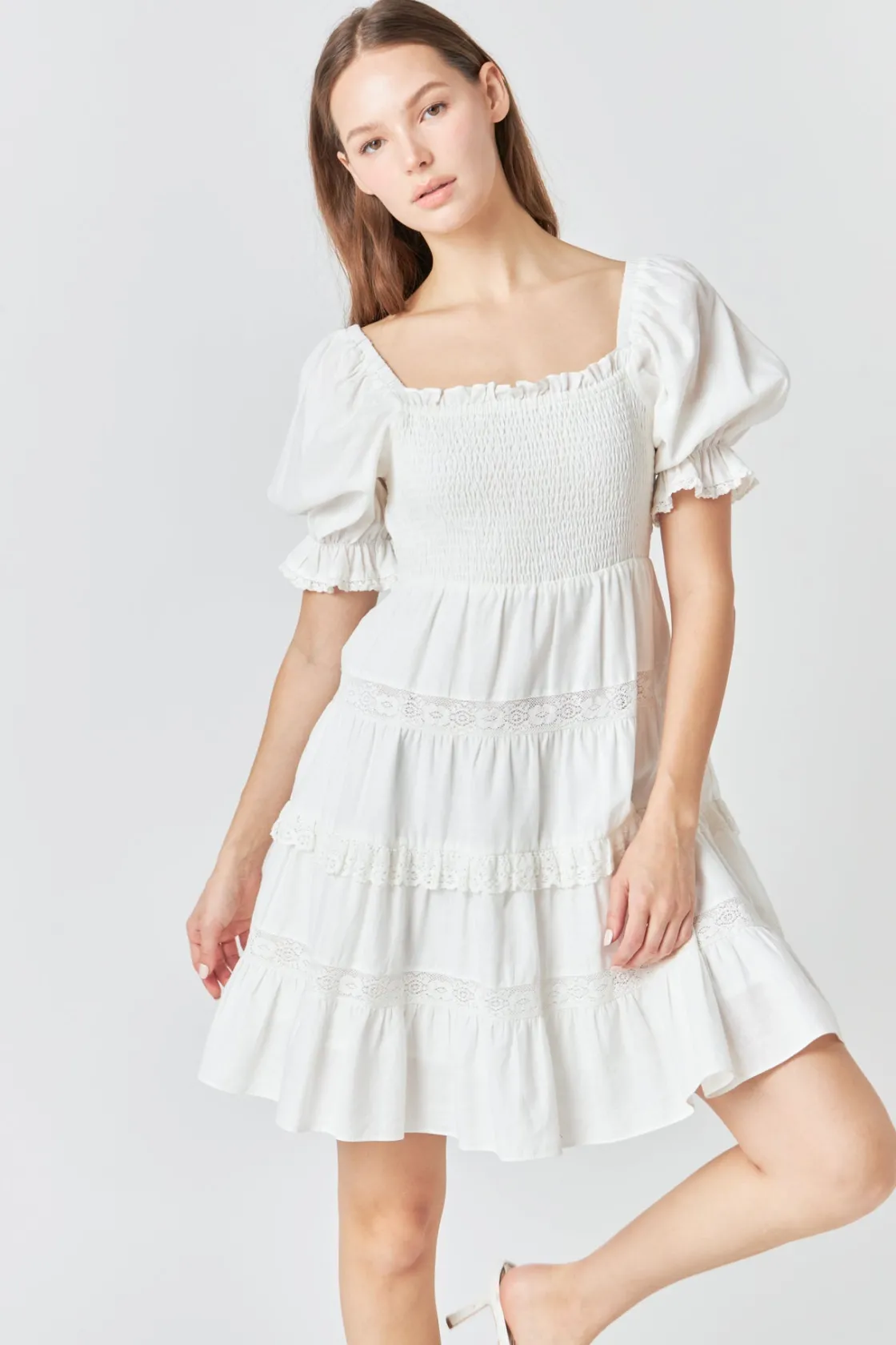 endless_rose__linen_smock_3.webp ENDLESS ROSE Lace Dresses | Tops*- Linen Smocked Mini Dress with Lace WHITE