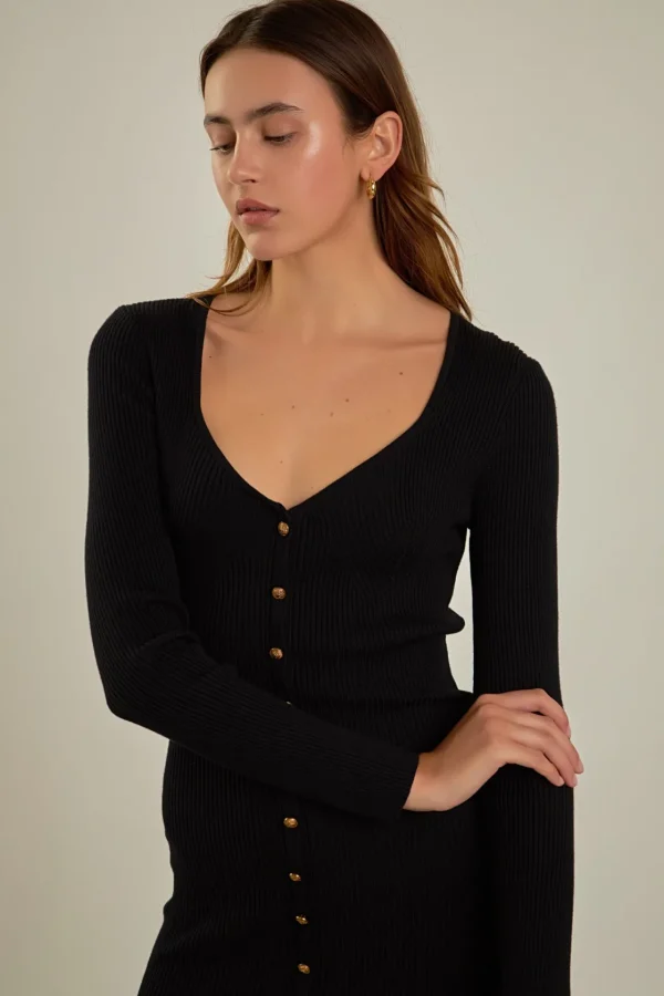 ENDLESS ROSE Bodycon Dresses | Sweaters & Knits*- Long Sleeve Button Down Knit Dress BLACK