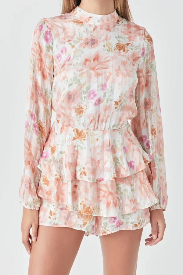 ENDLESS ROSE Tops*- Long Sleeve Floral Romper BLUSH