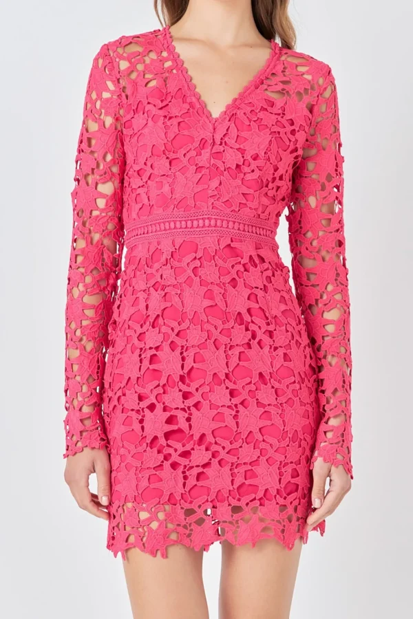 ENDLESS ROSE Lace Dresses | Tops*- Long Sleeve Lace Mini Dress FUCHSIA