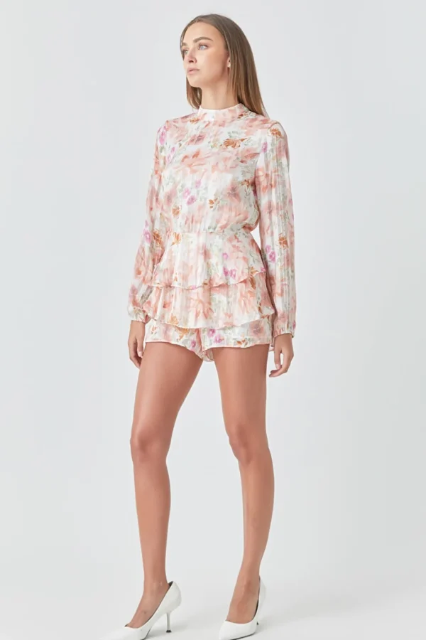 ENDLESS ROSE Tops*- Long Sleeve Floral Romper BLUSH