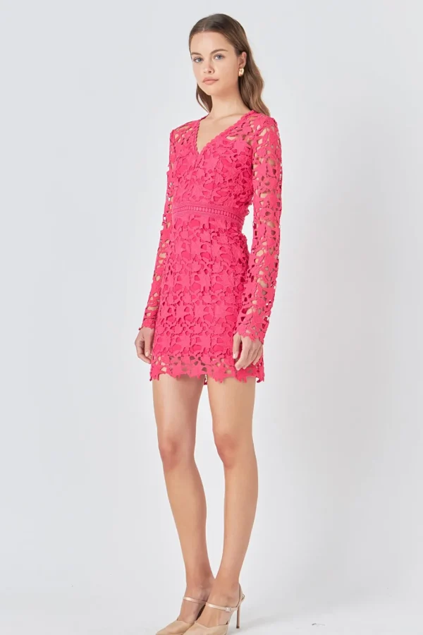 ENDLESS ROSE Lace Dresses | Tops*- Long Sleeve Lace Mini Dress FUCHSIA