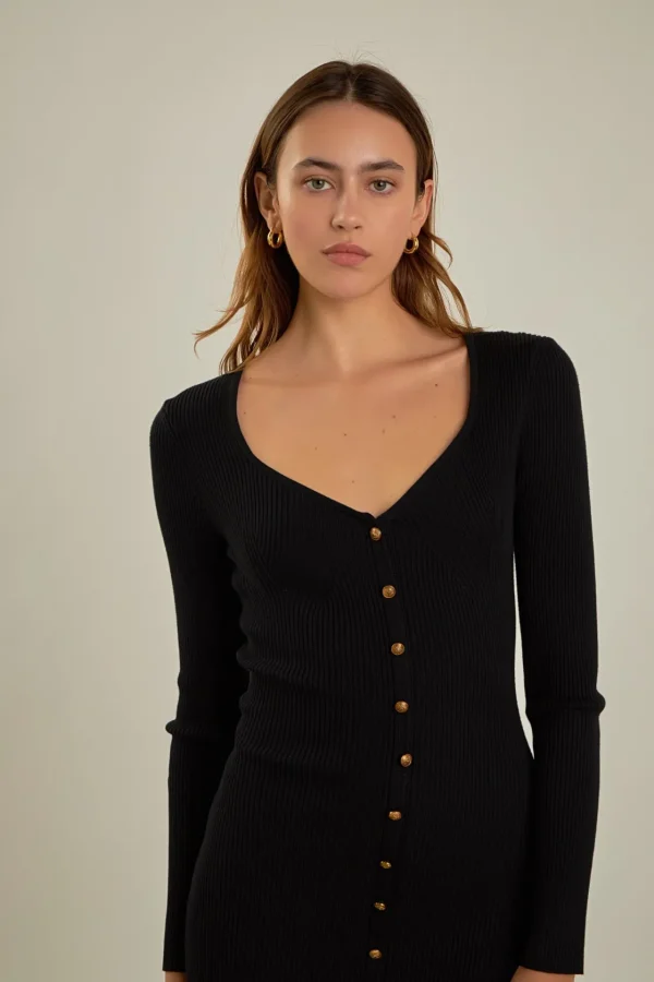 ENDLESS ROSE Bodycon Dresses | Sweaters & Knits*- Long Sleeve Button Down Knit Dress BLACK
