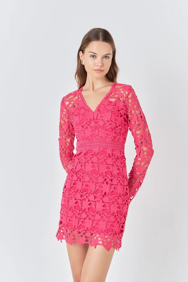 ENDLESS ROSE Lace Dresses | Tops*- Long Sleeve Lace Mini Dress FUCHSIA