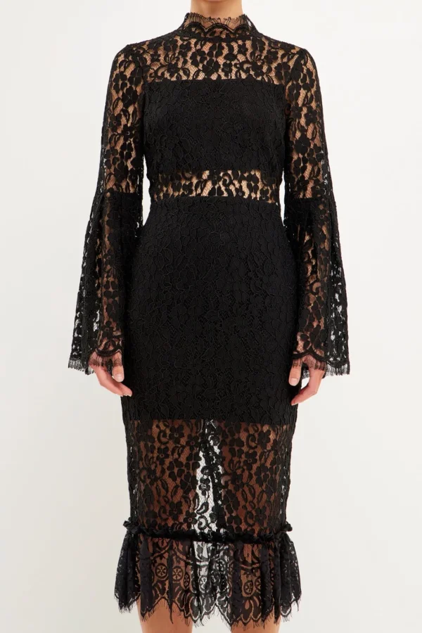 ENDLESS ROSE Lace Dresses | Tops*- Long-Sleeved Lace Midi Dress BLACK