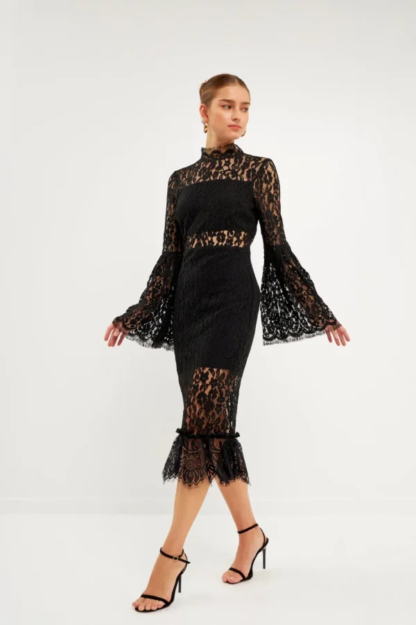 ENDLESS ROSE Lace Dresses | Tops*- Long-Sleeved Lace Midi Dress BLACK