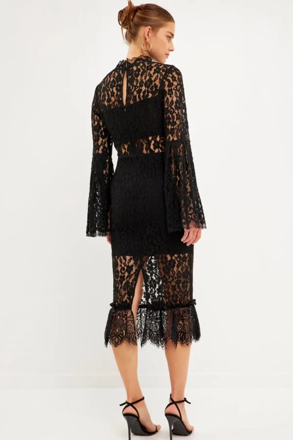 ENDLESS ROSE Lace Dresses | Tops*- Long-Sleeved Lace Midi Dress BLACK