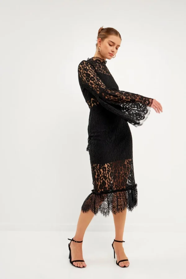 ENDLESS ROSE Lace Dresses | Tops*- Long-Sleeved Lace Midi Dress BLACK