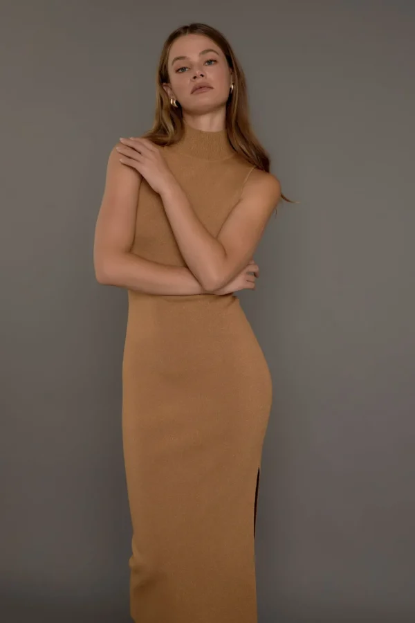 ENDLESS ROSE Sweaters & Knits | Tops*- Lurex High Neck Midi Dress CAMEL