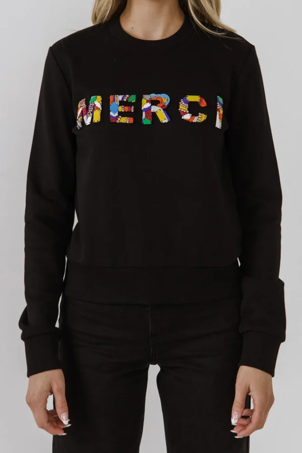 ENDLESS ROSE Tops*- Merci Lettering Beads Sweatshirt