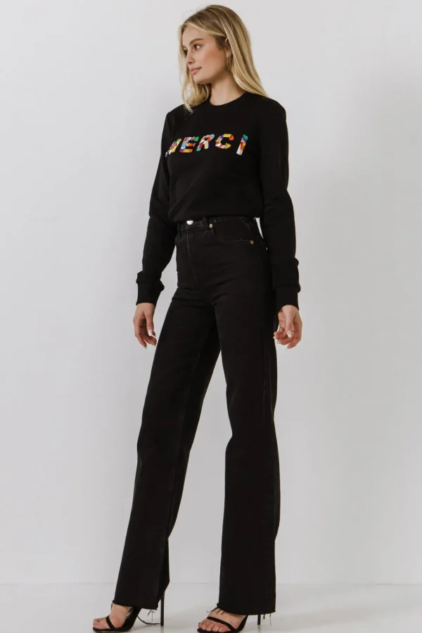ENDLESS ROSE Tops*- Merci Lettering Beads Sweatshirt