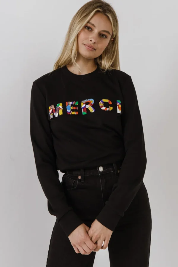 ENDLESS ROSE Tops*- Merci Lettering Beads Sweatshirt