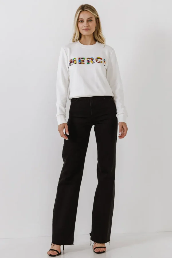 ENDLESS ROSE Tops*- Merci Lettering Beads Sweatshirt