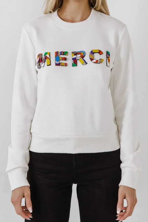ENDLESS ROSE Tops*- Merci Lettering Beads Sweatshirt