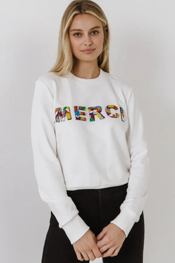 ENDLESS ROSE Tops*- Merci Lettering Beads Sweatshirt
